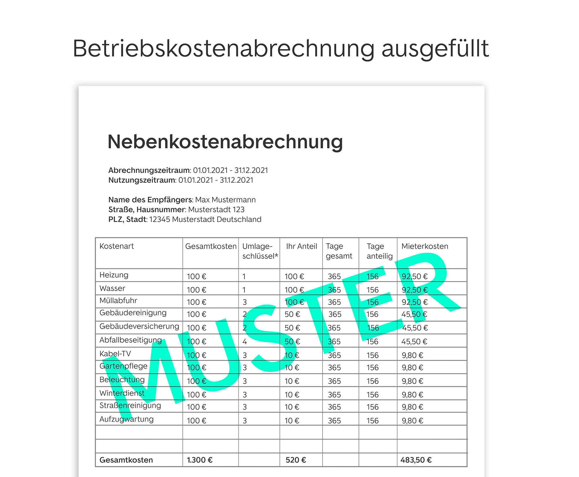 Betriebskostenabrechnung ausgefüllt Muster